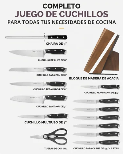 Vista 6 de OOU Juego de cuchillos de cocina 2025 con bloque, juego de cuchillos de acero inoxidable alemán de 15 piezas con varilla de afilar, mango de madera