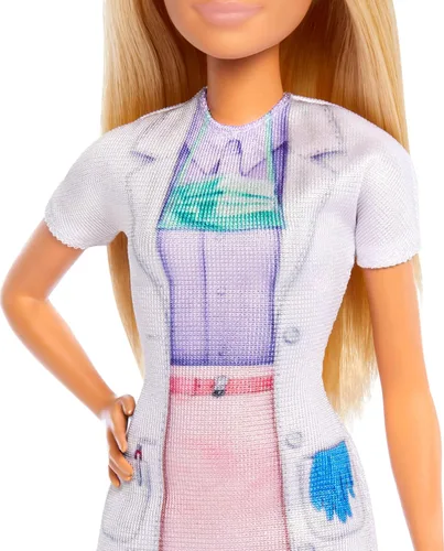 Vista 4 de Barbie Dentista con muñeca de moda rubia con vestido azul y bata de laboratorio, 1 muñeca infantil, muebles y accesorios médicos