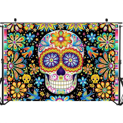 Vista 3 de Mocsicka Telón de fondo del Día de los Muertos, decoración mexicana de calavera y flores de calavera, cumpleaños, baby shower, fiesta, fotografía