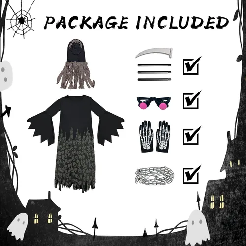Vista 3 de Grim Reaper Costume for KidsPhantom Halloween Costume with Red Glowing EyesSkull Gloves Scythe included Black