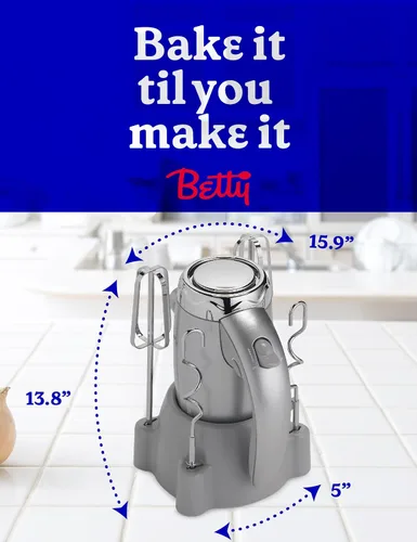 Vista 6 de BETTY CROCKER Batidora de mano de 7 velocidades, 250 W, batidora eléctrica con batidores y ganchos para masa, batidora de mano eléctrica ergonómica