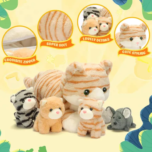 Vista 4 de IKASA Mamá gato atigrado naranja peluche mamá y gatitos bebé juguete de peluche lindo 16.5 pulgadas suave mamá pequeña juguete familiar con pequeños