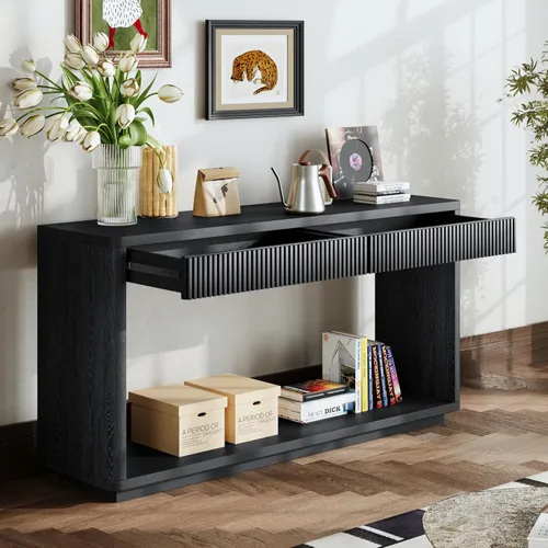 Vista 32 de 50" Modern Art Sculptural Console Table, Oval Cutout Legs, Wood Veneer, Thick Rounded Tabletop, Contemporary Entryway Sofa Table for Living Room