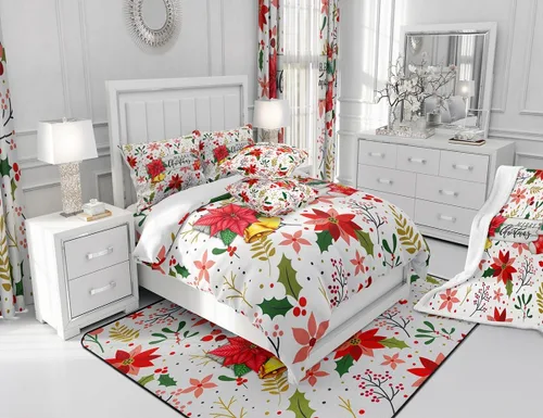 Vista 6 de Juego de edredón de Feliz Navidad, tamaño individual, juego de ropa de cama de flores rojas de Navidad, bayas y hojas, para niños y hombres, juego