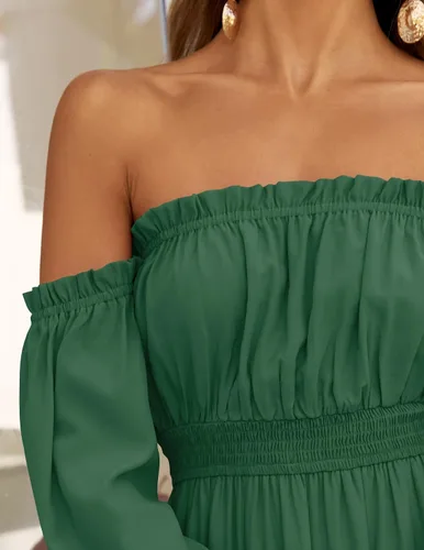 Vista 68 de ZESICA - Vestido largo, bohemio y sexy, con hombros descubiertos y manga larga fruncida, con elástico fruncido, cintura alta y abertura lateral