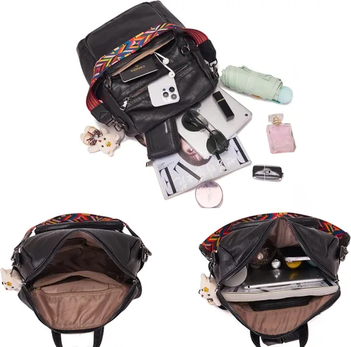 Vista 4 de Qiyuer Mochila de piel sintética para mujer, bolso de hombro convertible de viaje para mujer, color negro