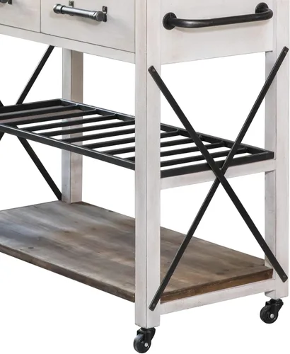 Vista 5 de FirsTime & Co. Carrito de cocina Aurora blanco y marrón, barra de café y soporte para microondas, isla sobre ruedas con almacenamiento, madera