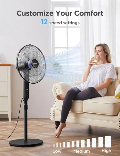 Vista 2 de PELONIS Ventilador de pie oscilante de 16 pulgadas Altura ajustable Motor DC ultra silencioso Control remoto 12 velocidades Temporizador