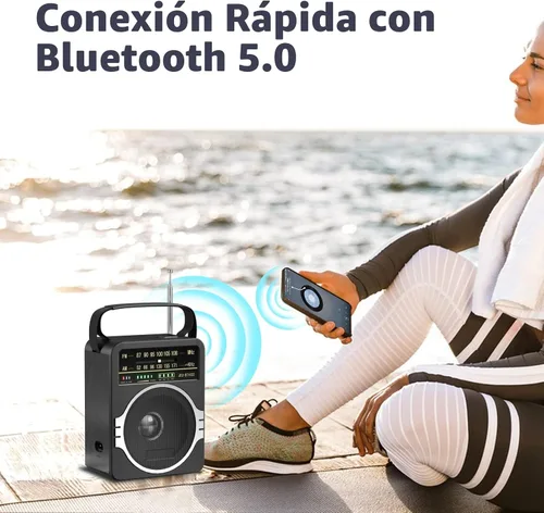 Vista 3 de JEUJUG Radio AM FM portátil, Radio Bluetooth 5.0 de 5 Watts con altavoz, Radio FM con batería recargable incorporada/Batería DC D*4 de celdas Negro