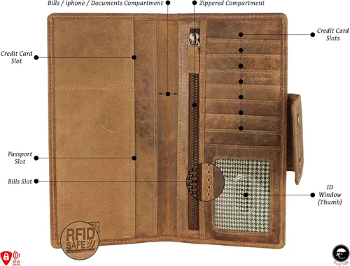 Vista 3 de Mou Meraki - Cartera larga de piel auténtica con bloqueo RFID plegable vintage para hombre