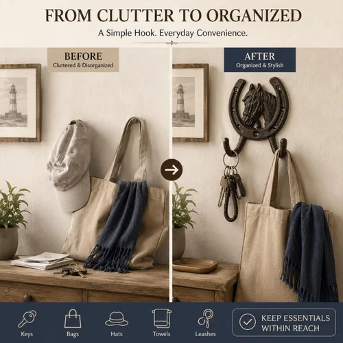 Vista 7 de Comfy Hour - Ganchos de caballo de 5 pulgadas para pared, soporte para Ganchos de pelo de cabeza de caballo de hierro negro, ganchos occidentales