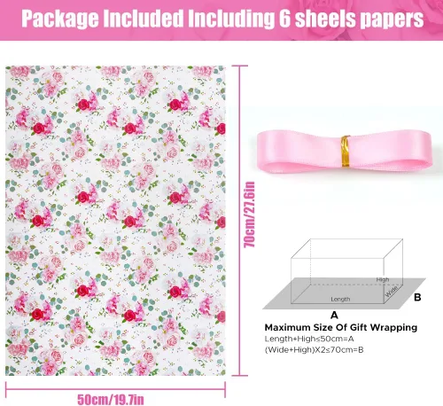 Vista 2 de Juego de papel de regalo de boda y cinta para niñas y mujeres, 6 hojas plegadas, diseño de rosa roja y rosa, 20 x 28 pulgadas, papel de regalo