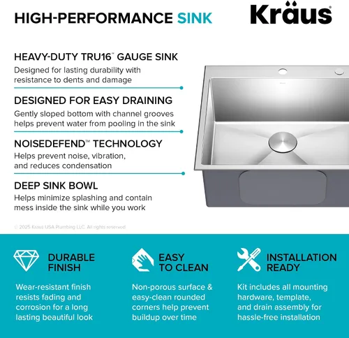 Vista 13 de Kraus KHT301-25 Standart PRO Kitchen Fregadero de Cocina de Acero Inoxidable, 25 Pulgadas