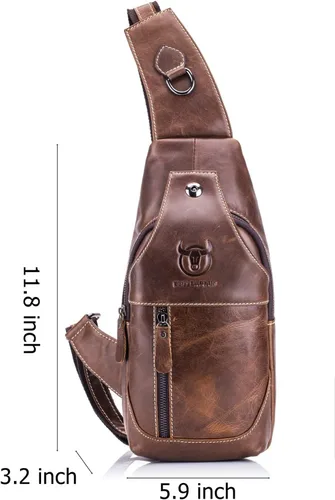 Vista 5 de BULLCAPTAIN Bolsos de cuero genuino para hombre bandolera bandolera bandolera casual para hombre bolsa de pecho de viaje senderismo mochila (marrón)