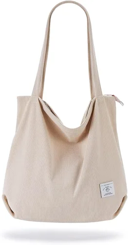 Vista 28 de KALIDI Bolsa Tote de Pana para Mujer con Cremallera Bolsa de Mano Casual Tote Bolsa de Hombro de Gran Capacidad con Bolsillos 1 negro y 1 blanco.