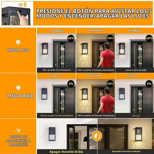 Vista 3 de Luz de Pared Solar para Exterior con Sensor de Movimiento de 3 Modos, Sconce Exterior de Cristal con Luz LED de 4000K 250LM para Puerta Frontal