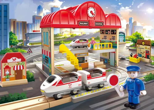 Vista 2 de Hape Juego de estación de tren de madera portátil, juego de tren para niños, rieles, estación de tren y personajes, fácil de transportar