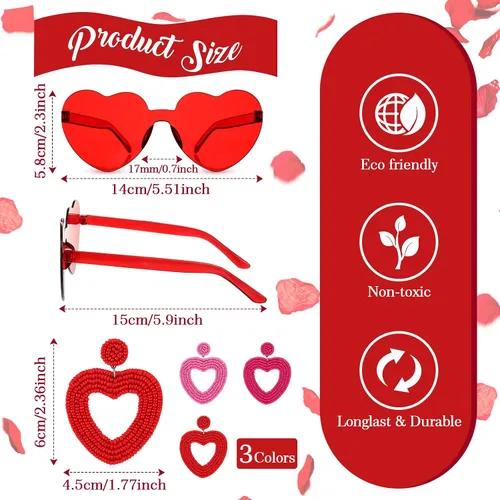 Vista 3 de Flutesan Aretes de corazón con cuentas para el día de San Valentín, lentes de sol con forma de corazón, sin montura y corazón de caramelo