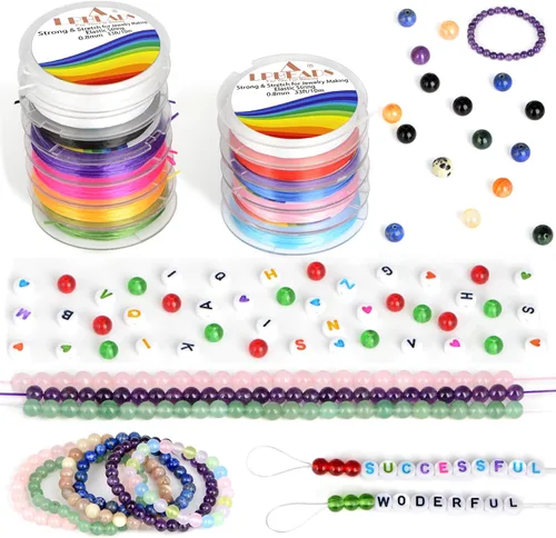 Vista 5 de LPBeads 12 rollos de 0.8mm de hilo elástico para hacer joyería de pulseras con agujas y regla para ensartar cuentas