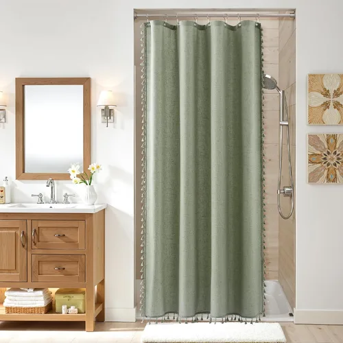 Vista 26 de Nanspring Cortina de ducha de lino extra larga para baño, 96 pulgadas Natural