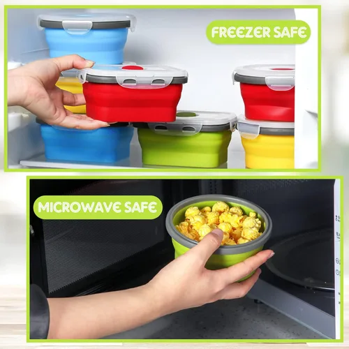 Vista 4 de 8 recipientes pequeños de silicona plegables de almacenamiento de alimentos con tapas herméticas apilables de silicona para preparar comidas