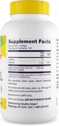 Vista 2 de Healthy Origins Aceite de oliva, 1250 mg - Suplemento para la salud del corazón con aceite de oliva virgen extra orgánico prensado en frío