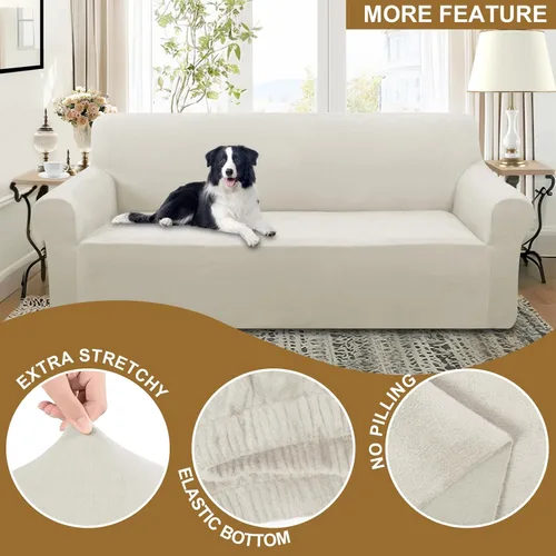 Vista 4 de U-NICE HOME Fundas de terciopelo para sofá, fundas elásticas para sofá de 3 cojines, protector de muebles (XL, grande, beige)