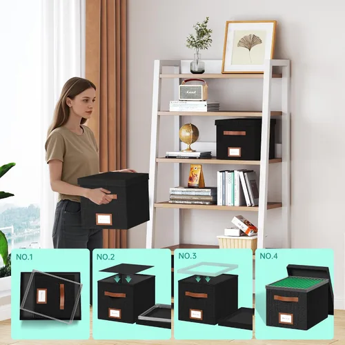 Vista 3 de Caja organizadora de archivos con tapa para colgar, organizador de archivos decorativo con riel deslizante de plástico integrado de una pieza Negro