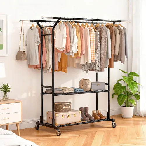 Vista 2 de Luxspire Perchero resistente con carga de 650 libras, percheros de ropa de doble barra para colgar ropa, estantes de ropa rodantes con ruedas