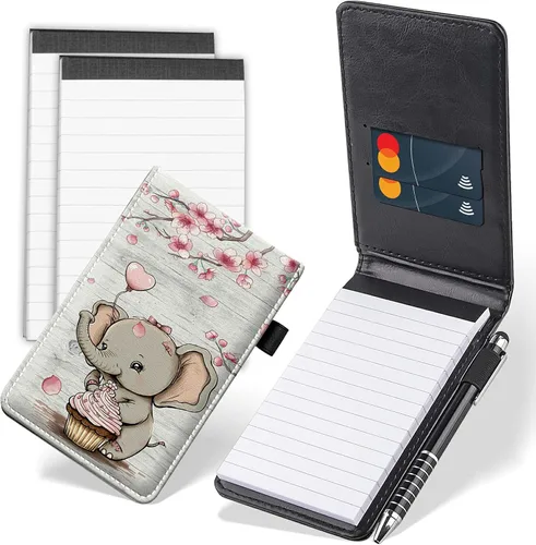 Vista 19 de Juego de 4 mini bloc de notas de bolsillo, diseño de corazón de dinosaurio, funda de piel sintética, soporte para notas con 2 ranuras para tarjetas