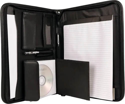 Vista 5 de Padfolio con cremallera de diseño único con soporte para CD y organizador exterior.