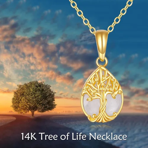 Vista 3 de Collar con colgante de lotoárbol de la vida de oro de 14 quilates, diseño de lágrima de piedra lunar natural, joyería para el día de la madre