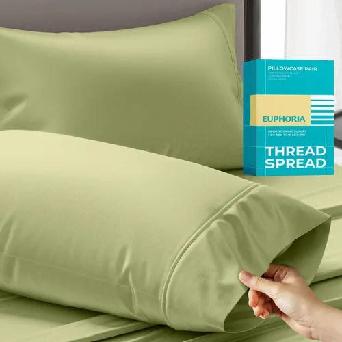 Vista 17 de THREAD SPREAD Fundas de almohada 100 % de algodón egipcio, fundas de almohada de 800 hilos, tamaño Queen / estándar, paquete de 2 unidades, suaves
