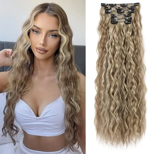 Vista 10 de LONAI - Extensiones de cabello con clip, 6 piezas, rizadas, de 24" de largo, sintéticas, para mujer, color rubio ceniza natural