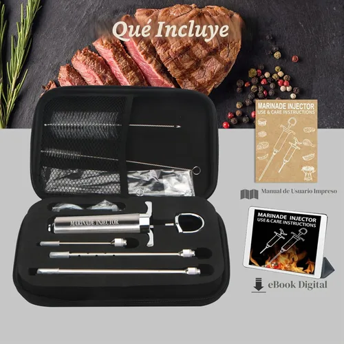 Vista 5 de Inyector de carne de acero inoxidable con 4 agujas de inyector de adobo profesional para parrilla, ahumador, barbacoa, manual de usuario, libro