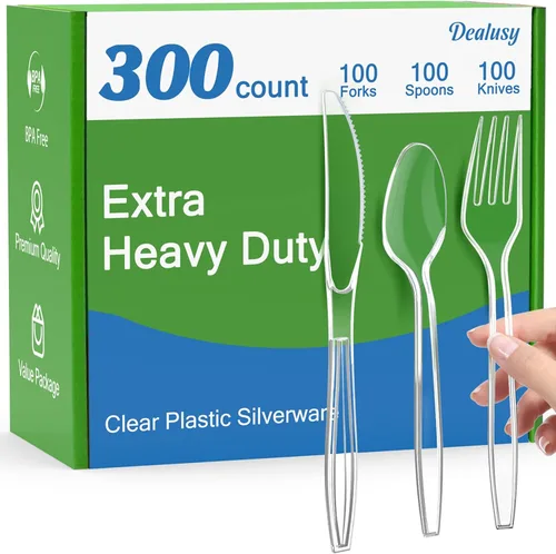 Vista 9 de Dealusy 100 unidades de tenedores de plástico transparente extra resistentes desechables, libres de BPA, resistentes al calor, tenedores desechables
