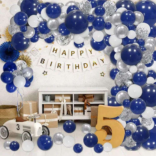 Vista 6 de 145 globos de color azul marino y plateado y 142 globos rojos, blancos y azules para cumpleaños, béisbol, temática náutica, fiesta, fiesta