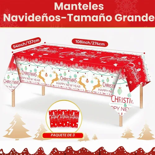 Vista 9 de Paquete de 3 manteles navideños desechables de plástico, manteles de mesa navideños rectangulares rojos para fiestas, con estampado de árbol