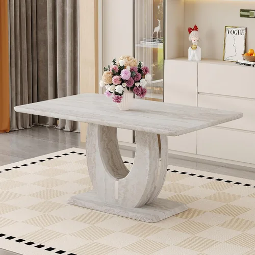 Vista 16 de JUFU Mesa de comedor de mármol sintético de 63 pulgadas para 4-6 personas, moderna mesa rectangular de cocina y comedor, mesa de MDF de aspecto