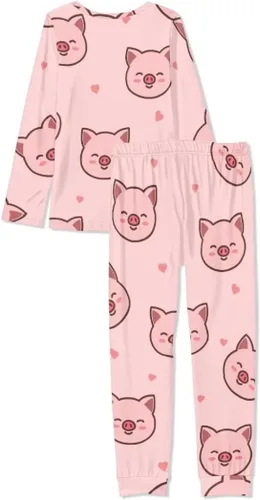 Vista 5 de Pijamas de cerdo rosa para mujer, conjunto de ropa de dormir de manga larga con cuello redondo y pantalones largos