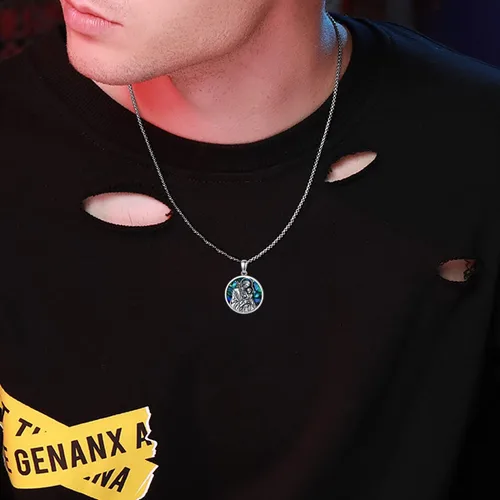Vista 5 de Shusukue Collar con colgante de plata de ley 925 con concha de abulón medalla redonda de San Miguel Jude Antonio Pedro para hombres mujeres niños
