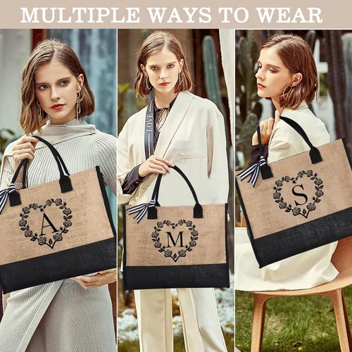 Vista 2 de Bolsa de yute con inicial y bolsa de maquillaje, bolsa de mano con monograma bordado, regalos de cumpleaños personalizados para mujeres y madres