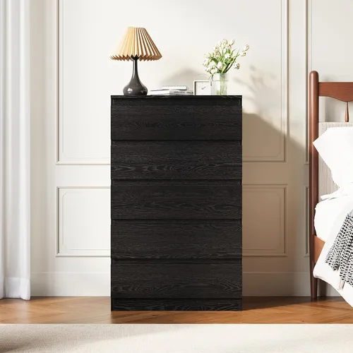 Vista 8 de Cómoda de madera negra para dormitorio, 5 cajones para almacenamiento de ropa, cómoda moderna con cajones anchos, cómoda de madera amplia para sala