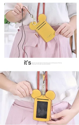 Vista 4 de Bolsa para el cuello, bolsa de cuero de viaje pequeña para tarjetas de identificación de estudiante, con cordón para el cuello, bolsa con monedero