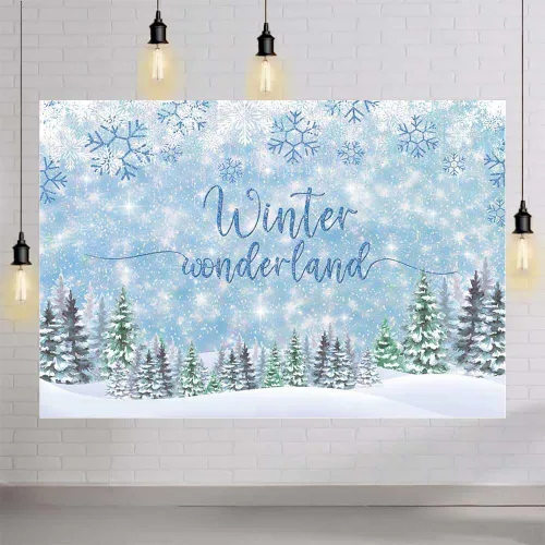 Vista 4 de MEHOFOND Telón de fondo de invierno de 8 x 6 pies, diseño de copo de nieve azul, fondo de fotografía de bosque con purpurina para decoración