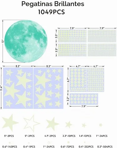 Vista 7 de 1049 piezas de estrellas y luna que brillan en la oscuridad para techo, pegatinas adhesivas decorativas para pared de habitación de niños, regalos