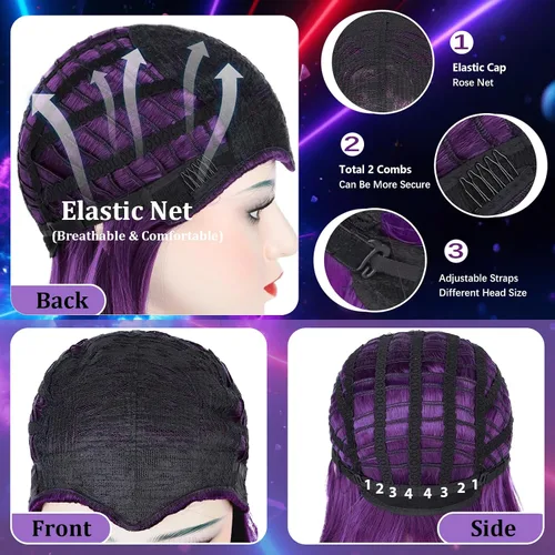 Vista 92 de Peluca de cosplay estilo Bob azul oscuro + horquilla de libélula + collar para fiesta, disfraz de Halloween, peluca de mujer