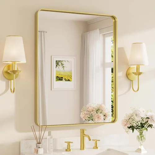 Vista 113 de Espejo de marco dorado cepillado de 16 x 24 pulgadas, espejo de tocador de baño de latón dorado para pared, espejo enmarcado rectangular de esquina