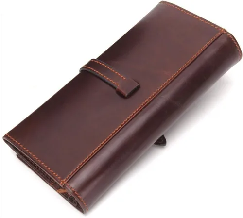 Vista 6 de Cartera larga de cuero plegable estilo vintage para hombres, Marrón