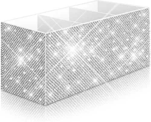 Vista 9 de Bling - Organizador de brochas de maquillaje, 3 ranuras para cosméticos, soportes de almacenamiento con diamantes de imitación brillantes, bonito